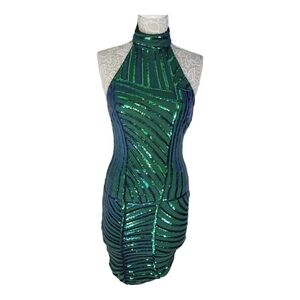 Nwt Love and Lemonade blue/green sequin halter bodycon mini dress size S